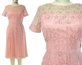 Vintage 1940's Pink Lace Soft Dress - Vtg 40's Short Sleeve Party Dress - Tamaño Mediano