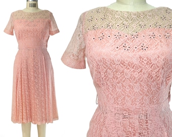 Vintage 1940's Pink Lace Soft Dress - Vtg 40's Short Sleeve Party Dress - Size Medium