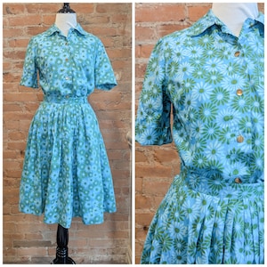 Vintage 50s/60s Bright Blue Floral Shirt and Full Skirt Set/ Vtg 60s Cotton Set- Size XS