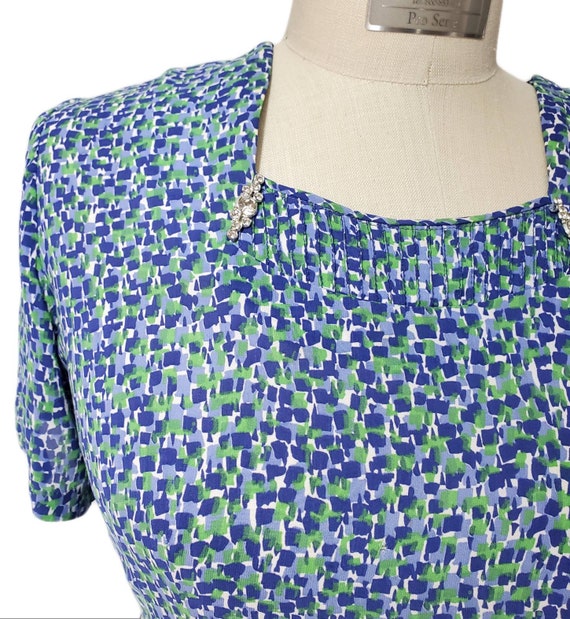 Vintage 1940's Blue and Green Print Silk Dress an… - image 7