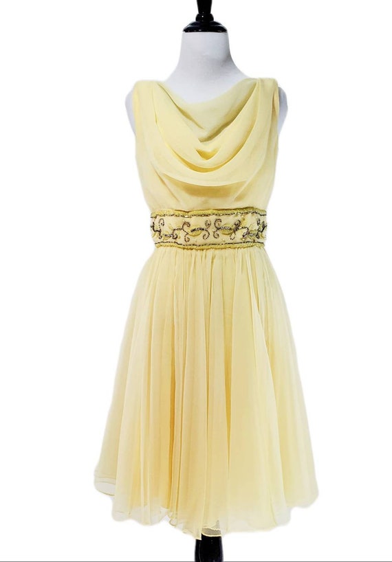 Vintage 1960's Soft Yellow Beaded Chiffon Dress/ … - image 2