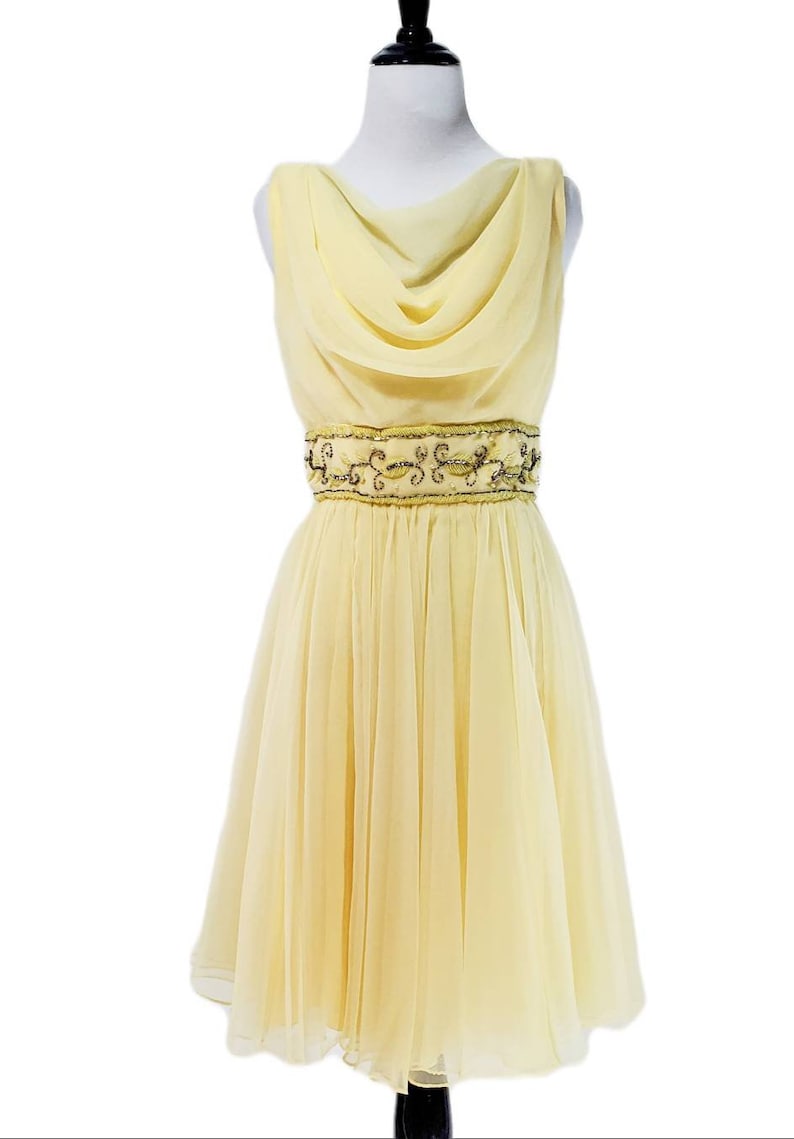 Vintage 1960's Soft Yellow Beaded Chiffon Dress/ Vtg 60's Miss Elliette Party Dress/ Size Small image 2