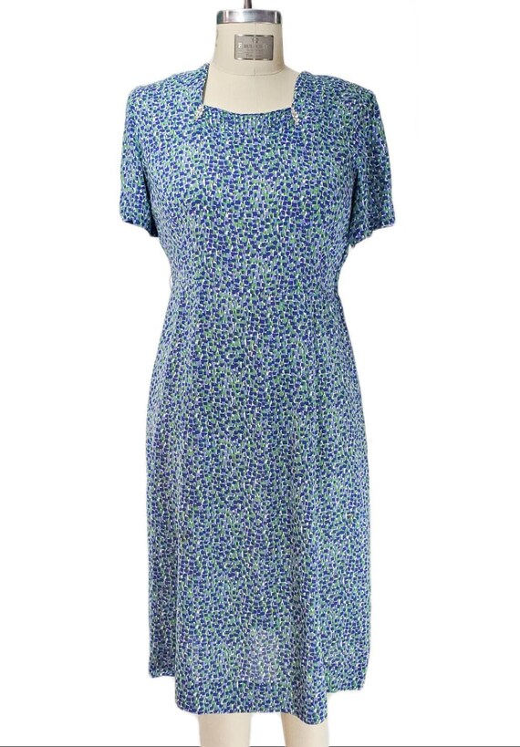 Vintage 1940's Blue and Green Print Silk Dress an… - image 2