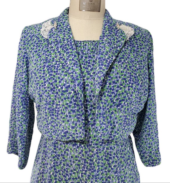 Vintage 1940's Blue and Green Print Silk Dress an… - image 5
