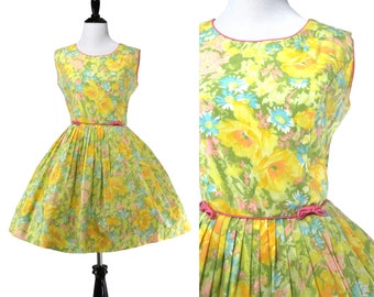 Vintage 1960's Bright Floral Full Skirt Dress - Vtg 60's Sleeveless Garden Dress - Small