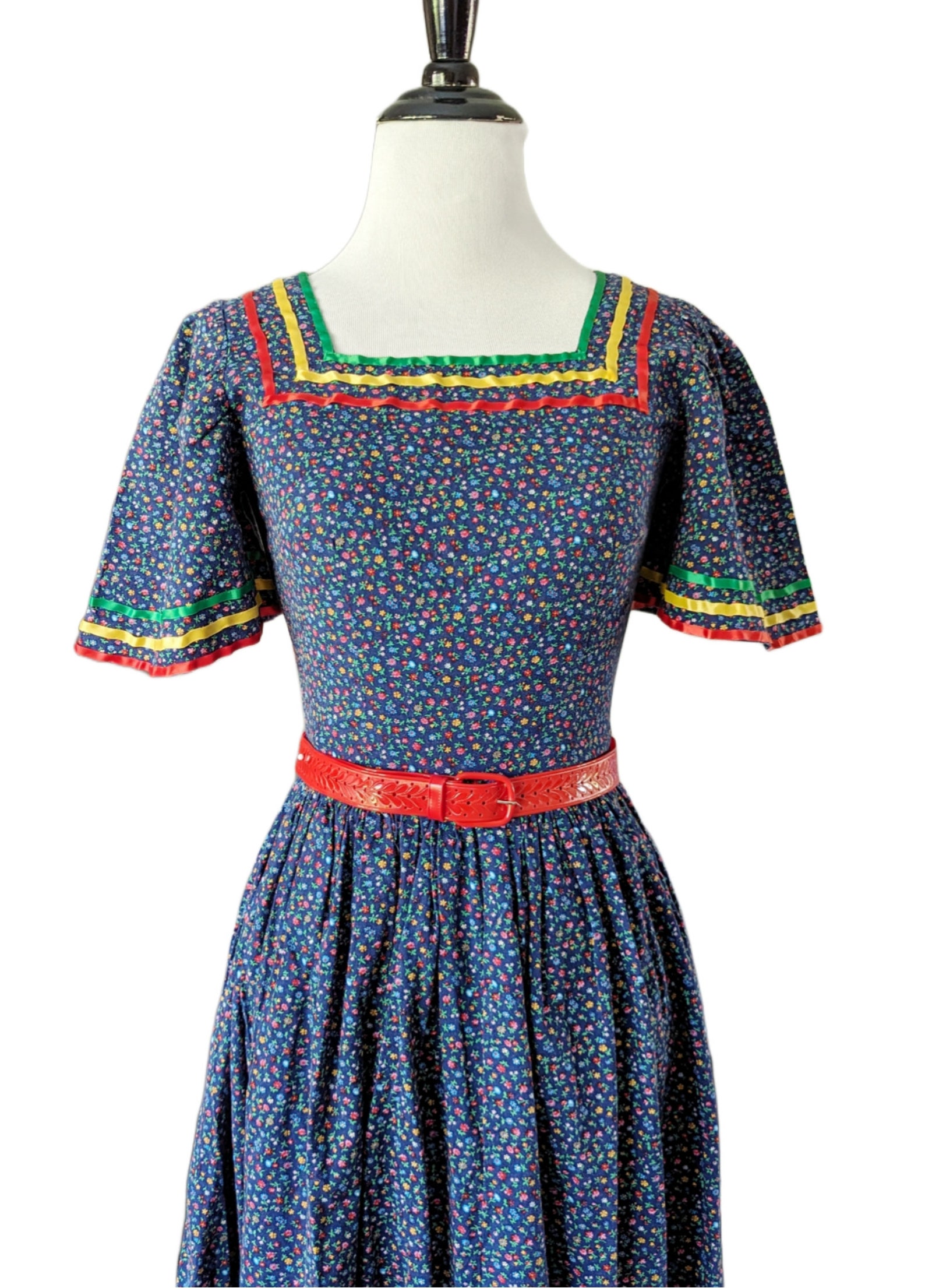 Vintage 1970's Blue Ditsy Floral Maxi Dress Vtg 70s Rainbow Ribbon Boho ...