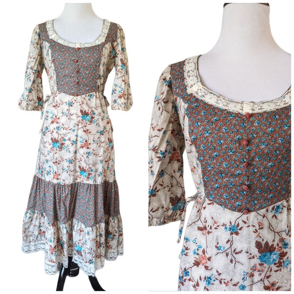 Vintage 1970's Floral Mix Prairie Cottagecore Dress - Vtg 70s Boho Midi Dress - Size XS-Small