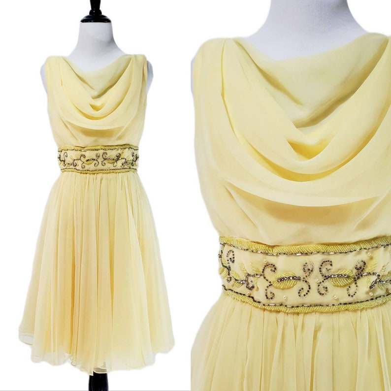 Vintage 1960's Soft Yellow Beaded Chiffon Dress/ Vtg 60's Miss Elliette Party Dress/ Size Small image 1