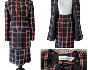 Vintage 1990's Liz Claiborne Black Plaid Skirt Suit Set/ Vtg 90s Jacket and Pencil Skirt/ Size Medium