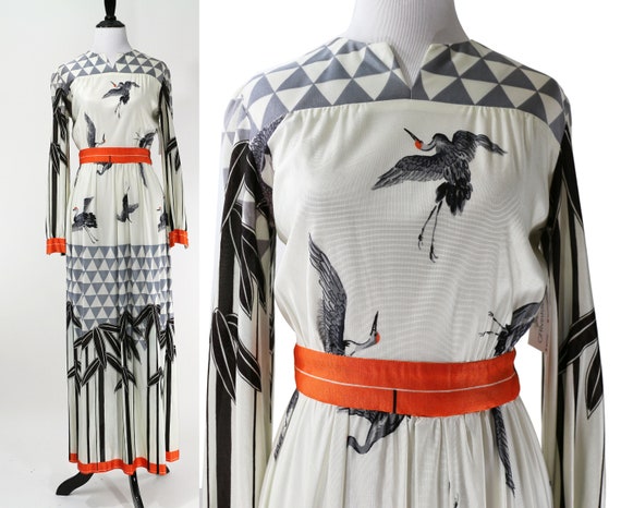 Vintage 1970's Grey Bird Printed Maxi Dress / Size
