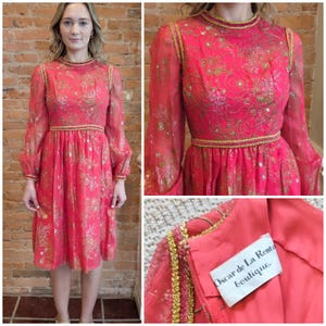 Vestido vintage de gasa roja de Oscar De La Renta, década de 1970. Vestido de noche vintage de diseñador de los años 70. Talla XS