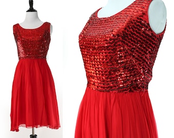 Vintage 1960's Red Sequins Party Dress - Vtg 60s Red Chiffon Dress - Size XS