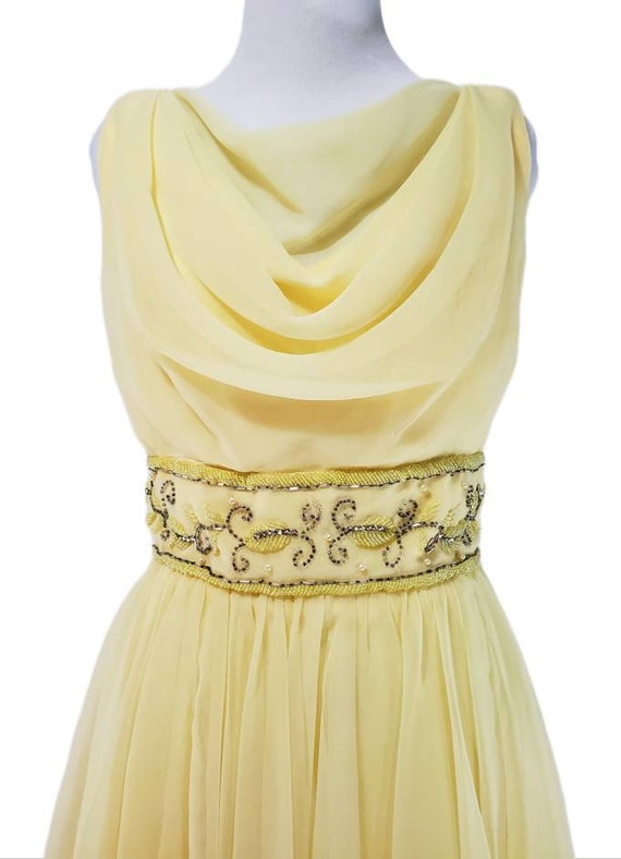 Vintage 1960's Soft Yellow Beaded Chiffon Dress/ … - image 5