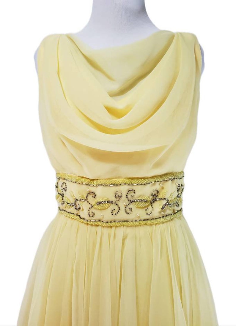 Vintage 1960's Soft Yellow Beaded Chiffon Dress/ Vtg 60's Miss Elliette Party Dress/ Size Small image 5