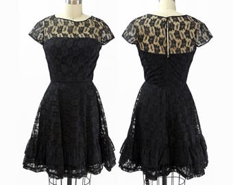 Vintage 1960s Saks Fifth Avenue Black Lace Cocktail Dress / Size XS