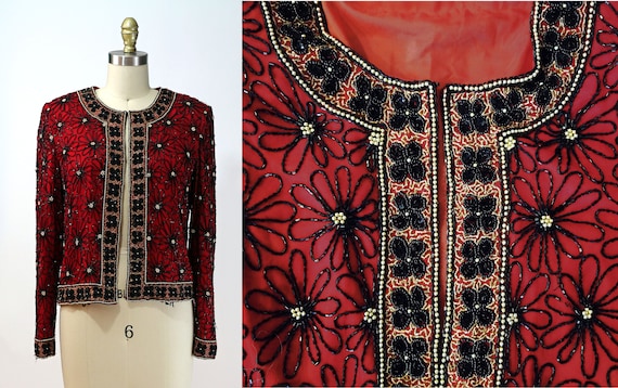 Vintage 70s/80s Red Silk All Over Beaded Jacket /
