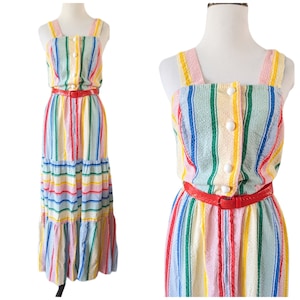 Vintage 1970's Sears Rainbow Stripe Maxi- Vtg 70s Seersucker Cotton Sundress - Size Small