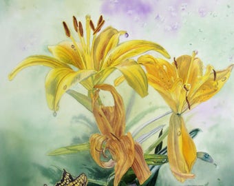 Yellow Lilies original watercolor fine artwork