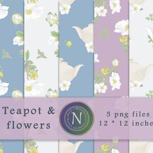 Digital paper pack - tea pot and flowers| Seamless, tileable patterns | Floral repeat patterns | Instant download