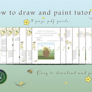 Puede incluir: Una guía PDF de 9 páginas titulada "Cómo crear una ilustración de cesta de flores de primavera" con instrucciones sobre cómo dibujar y pintar una cesta de flores de primavera. La guía incluye ilustraciones de los pasos involucrados en la creación de la obra de arte.