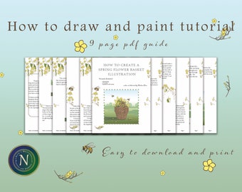 Art tutorial -  Spring flower basket llustration| 9 page pdf  art demo |Instant download painting guide | U.S Letter size for personal use