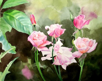 Botanical artwork - roses| Original handmade watercolor painting | Floral wall art | Roses artwork
