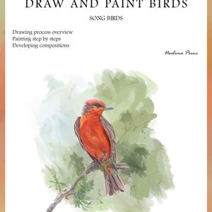May include: A watercolor painting of a red bird perched on a branch. The bird has a long tail and a small beak. The background is a soft green.