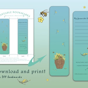 Voorjaarsmand en bijen geïviseerd Afdrukbare bladwijzers | 5cm * 18 cm 2 graphics voor beide zijden | Geïllustreerde bladwijzers direct downloaden
