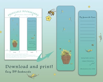 Spring basket and bees ilustrated Printable bookmarks | 5cm * 18 cm 2 graphics for both sides | Illustrated bookmarks instant download