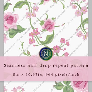 May include: A seamless half drop repeat pattern featuring pink roses and small pink flowers on a white background. The pattern is 8 inches by 10.37 inches and has a resolution of 964 pixels per inch.