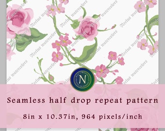 Roses floral surface pattern design |8in * 10.37 in seamless repeat half drop | Personal and commercial License | Non exclusive