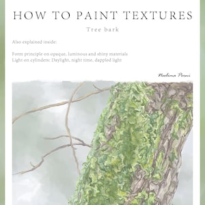 May include: A watercolor painting of tree bark with green moss growing on it. The painting is titled "How to Paint Textures: Tree Bark" and is signed by Neelima Perni.