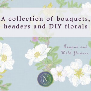 Teteras y colección floral de ramos y marcos para tarjetas, invitaciones y otros bricolaje/clip art/Descarga instantánea