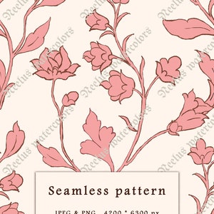May include: A seamless pattern featuring pink floral designs on a cream background. The pattern is 4200 x 6300 pixels and is 14 by 21 inches at 300 dpi.