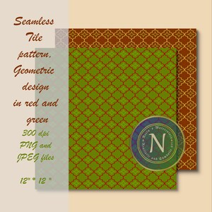 May include: A seamless tile pattern featuring a geometric design in red and green. The pattern is 12 inches by 12 inches and is available in 300 dpi PNG and JPEG files.