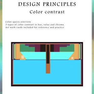 May include: A graphic design illustration of color contrast principles. The image shows a series of rectangles in different colors, including black, white, orange, green, blue, and purple. The text "DESIGN PRINCIPLES" and "Color contrast" is at the top of the image. The text "Color spaces overview" is below the image. The text "3 types of color contrast in hue, value and chroma" is below the text "Color spaces overview". The text "Art work cards included for reference and practice" is below the text "3 types of color contrast in hue, value and chroma". The text "neelima perni" is at the bottom right corner of the image.