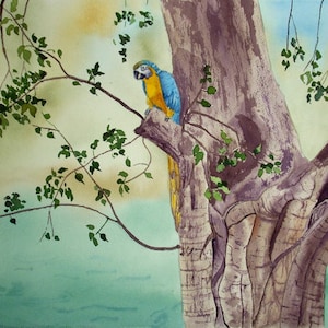Tropical ficus tree and parrot artwork