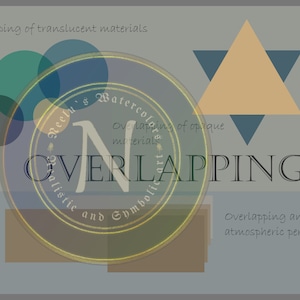 May include: A watercolor illustration of overlapping translucent and opaque materials. The image features a circle with the word "OVERLAPPING" in the center, surrounded by overlapping circles and triangles in various shades of blue, green, and brown. The text "Overlapping of translucent materials" appears at the top of the image, and the text "Overlapping of opaque materials" appears inside the circle. The text "Overlapping and atmospheric perspective" appears at the bottom of the image.