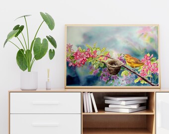 Canción de primavera - Arte de pared de curruca y flores de manzano / Pintura original de acuarela / Bellas artes florales y de aves - realista