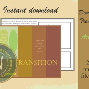 May include: Art reference card with the text "Transition" in brown, green, and yellow. The card is 6 inches by 4 inches and includes two graphics, one in png and one in jpeg format, at 300 dpi.