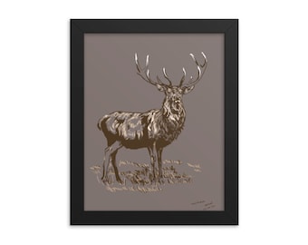 Stag - Esboço em papel tonificado | Impressão da arte de Giclée dos animais selvagens | Quadro decorativo de animais da floresta