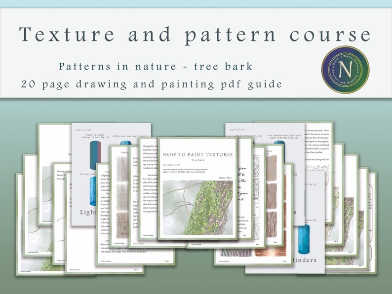 May include: A 20-page PDF guide on how to paint textures, specifically tree bark. The guide includes illustrations and instructions on how to create realistic textures using light and shadow.
