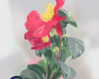 花のアートワーク、椿の絵、オリジナルの絵、ペンとインク、椿の花の