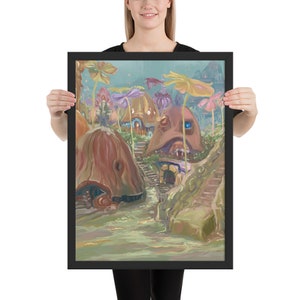 May include: A whimsical painting depicting a village with mushroom-shaped houses, colourful flowers, and a winding path. The houses are painted in shades of brown, green, and blue, with details such as windows and doors. The flowers are pink, purple, and yellow, and the path is a light green colour.