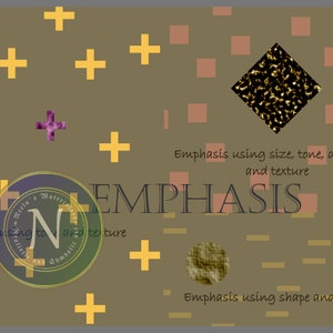 May include: A graphic design illustration of the word "EMPHASIS" in black text on a brown background. The image demonstrates different ways to create emphasis in design using size, tone, direction, texture, and shape.