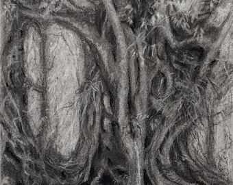 Mystical tree - charcoal drawing| Fantasy wall art | 9 by 12 in