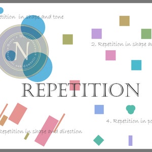 Puede incluir: Una ilustración de diseño gráfico de la palabra "REPETICIÓN" en texto negro con varias formas y círculos de colores dispuestos alrededor de la palabra. El texto "1. Repetición en forma y tono" está escrito en cursiva negra en la parte superior izquierda de la imagen. El texto "2. Repetición en forma y tamaño" está escrito en cursiva negra en la parte superior derecha de la imagen. El texto "3. Repetición en forma y dirección" está escrito en cursiva negra en la parte inferior izquierda de la imagen. El texto "4. Repetición en posición" está escrito en cursiva negra en la parte inferior derecha de la imagen.
