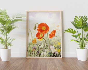 Flores de amapola Pintura de acuarela original - bellas artes realistas / Arte floral de pared / Arte botánico amapolas y pensamientos