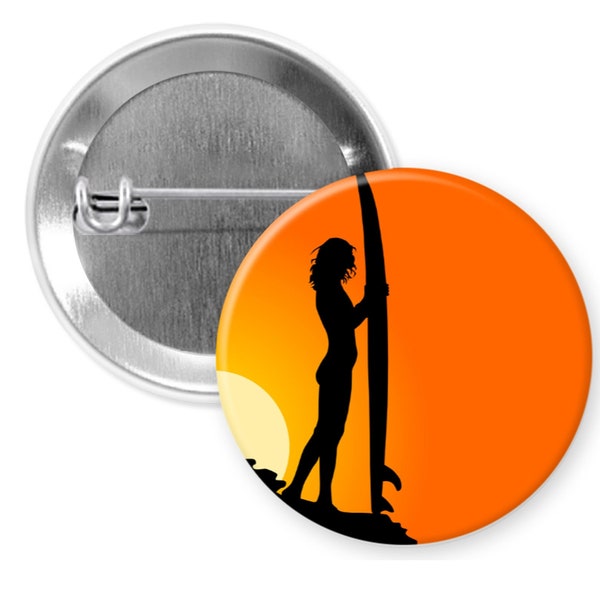 Surfer Girl Sunset Pinback Pin Button 1.25 inch