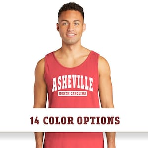 K&ouml;nnte beinhalten: Ein rotes Tanktop mit einem wei&szlig;en Bogen-Design, auf dem "Asheville North Carolina" steht.